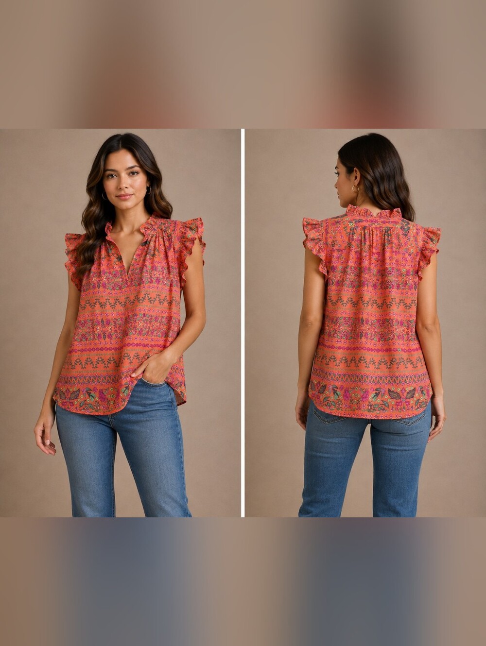 Flutter Sleeve Floral Print Ruffled Neck Top - Orange #B26